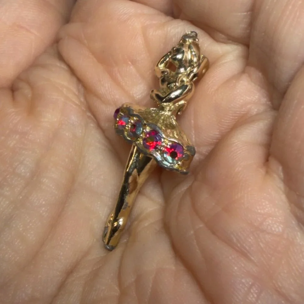 Ballerina Vintage Brooch Rhinestone Skirt Dancer Ballet Pin Gold Tone 1.75 inch